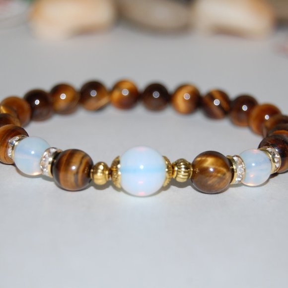 Tiger Eye Bracelet,Tiger Eye Gemstone and Golden Charm,Tiger Eye 8mm Bea… - Picture 2 of 3